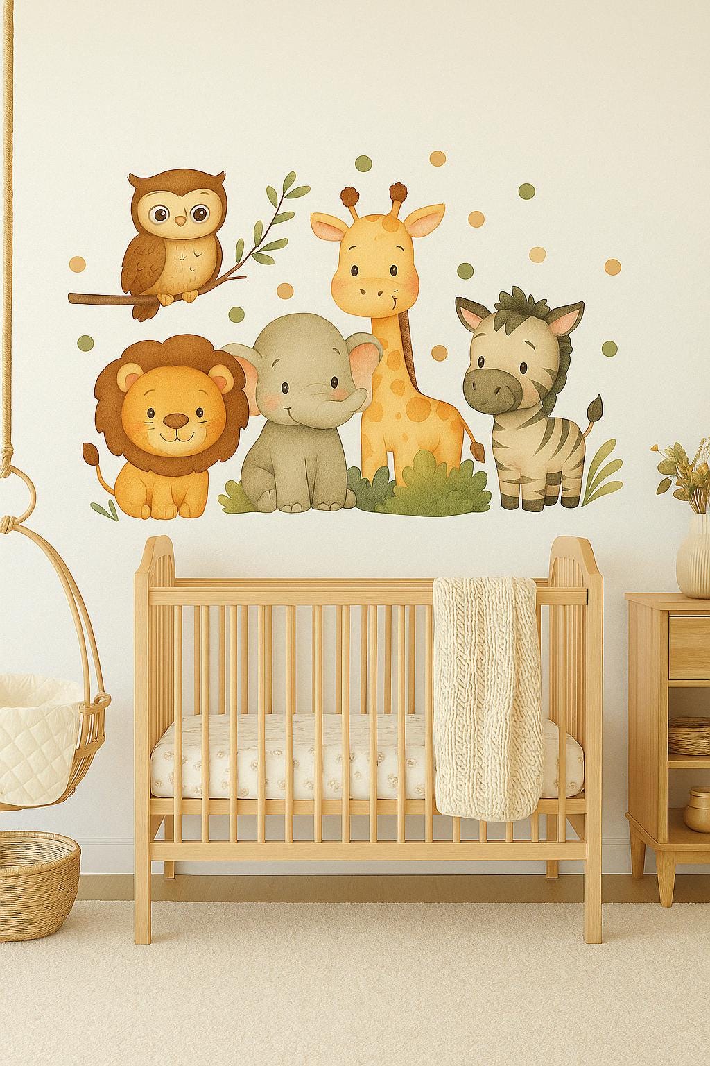 A nursery with a wooden crib and a large safari-themed wall decal featuring a lion, elephant, giraffe, zebra, and owl. The wall is neutral, and the soft, pastel tones of the animals create a cozy jungle atmosphere.