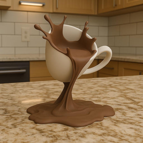 3D Printed Coffee Splash Sculpture | Floating Spilling Coffee Cup Optical Illusion Desk Decor | Coffee Bar Display Unique Barista Gift Cafe