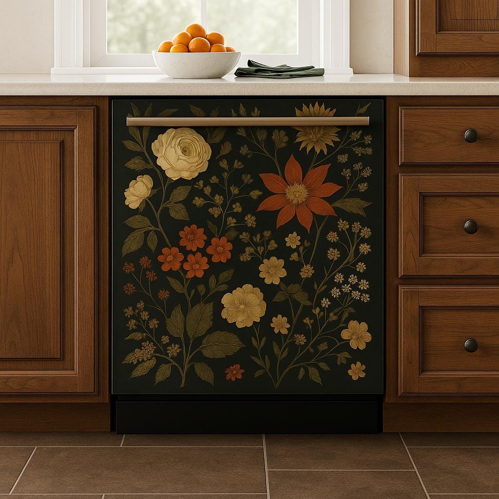 Dishwasher Magnet Cover Vintage Floral | Dark Botanical Kitchen Decal | Magnetic or Vinyl Wrap | Self-Adhesive Glow Floral Kitchen Decor