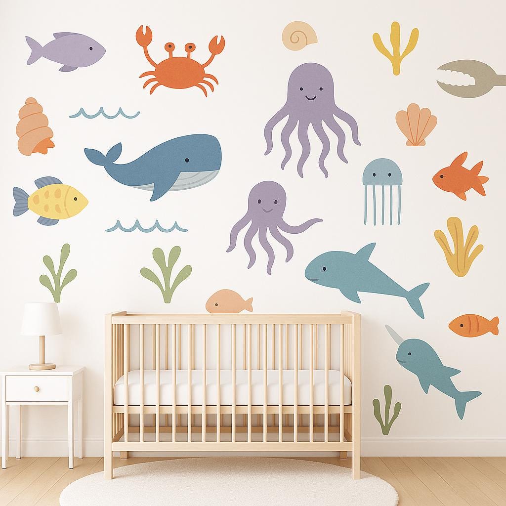Ocean Animal Wall Decals | Under the Sea Wall Stickers | Removable Sea Life Nursery Decor | Reusable Ocean Creatures Decals | Kids Room Art