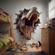 3D wall decal of a roaring T-Rex dinosaur breaking through a wall in a child’s bedroom, surrounded by a bunk bed.