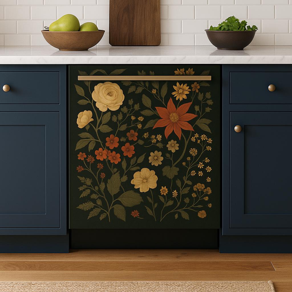 Dishwasher Magnet Cover Vintage Floral | Dark Botanical Kitchen Decal | Magnetic or Vinyl Wrap | Self-Adhesive Glow Floral Kitchen Decor