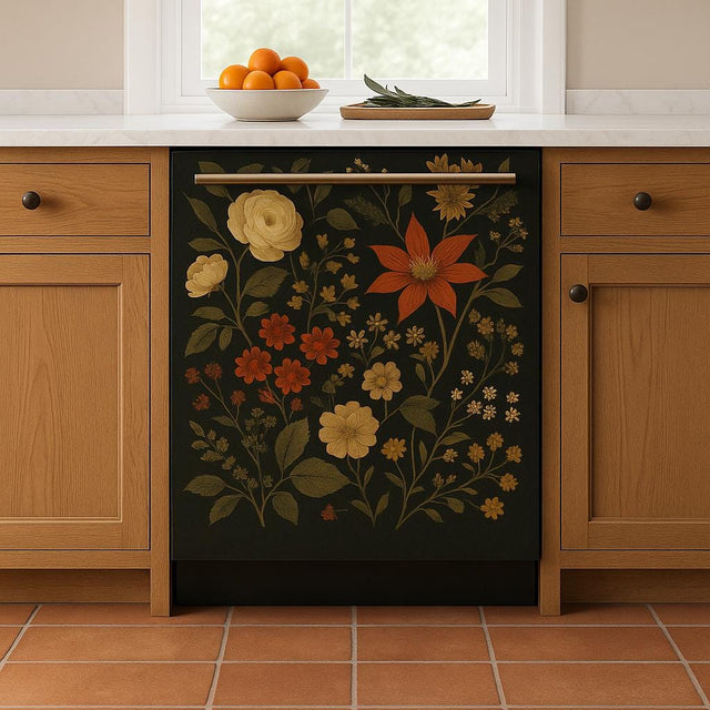 A dishwasher in a cozy, warm-toned kitchen with a decorative front cover featuring a vintage floral design on a dark background. The decal showcases orange, yellow, and cream flowers with leafy green stems, creating a botanical, cottage-style aesthetic. The dishwasher is framed by wooden cabinets and white countertop with a bowl of oranges and a window in the background.