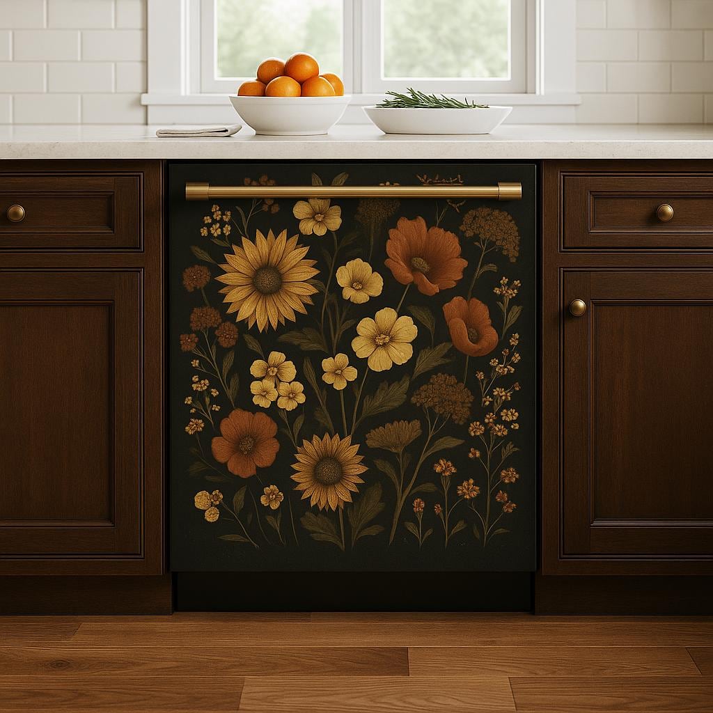 Vintage Floral Dishwasher Cover | Botanical Kitchen Decal | Sunflower Magnetic Wrap | Dark Floral Vinyl Sticker Peel Stick Dishwasher Decor