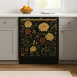 A cozy kitchen with a soft gray cabinet layout and a dishwasher decorated with a dark floral decal featuring golden yellow roses, dahlias, orange blossoms, and leafy green stems, adding vintage botanical charm to the room.