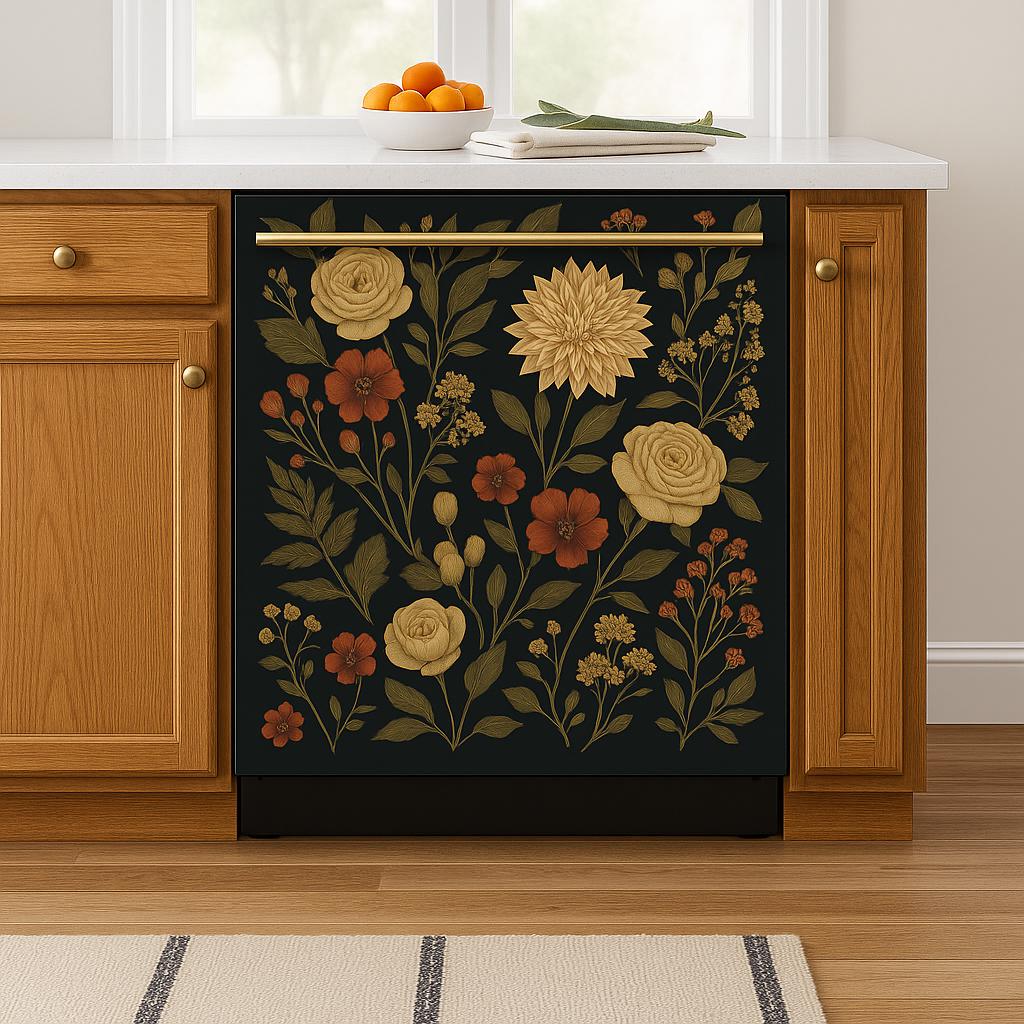 Dark Floral Dishwasher Cover | Magnetic Kitchen Decal | Yellow Rose and Wildflower Vinyl Wrap | Peel and Stick Appliance Decor Boho Kitchen