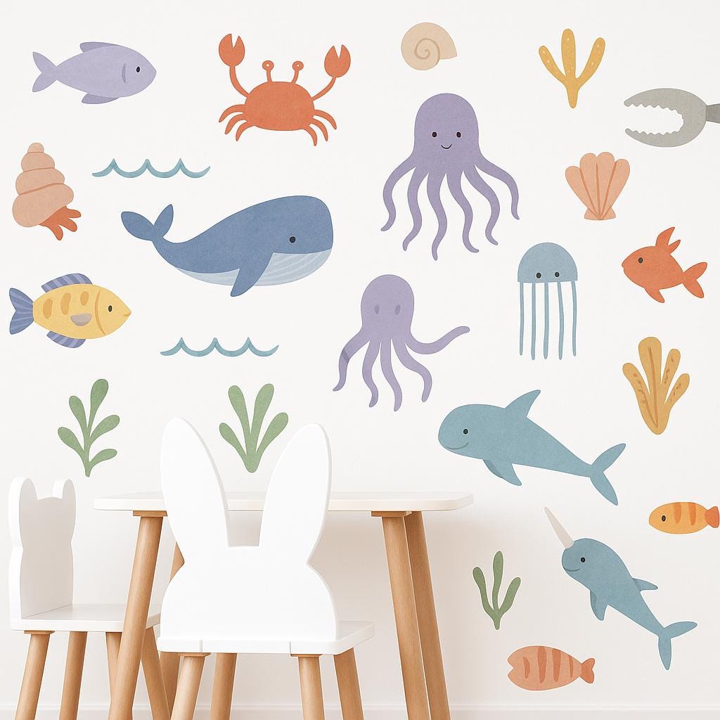 Ocean Animal Wall Decals | Under the Sea Wall Stickers | Removable Sea Life Nursery Decor | Reusable Ocean Creatures Decals | Kids Room Art
