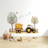 Farm Tractor Wall Decal with Hay Bale Trailer | Nursery Wall Sticker Set with Fence & Trees | Country Farm Scene for Kids Room Décor