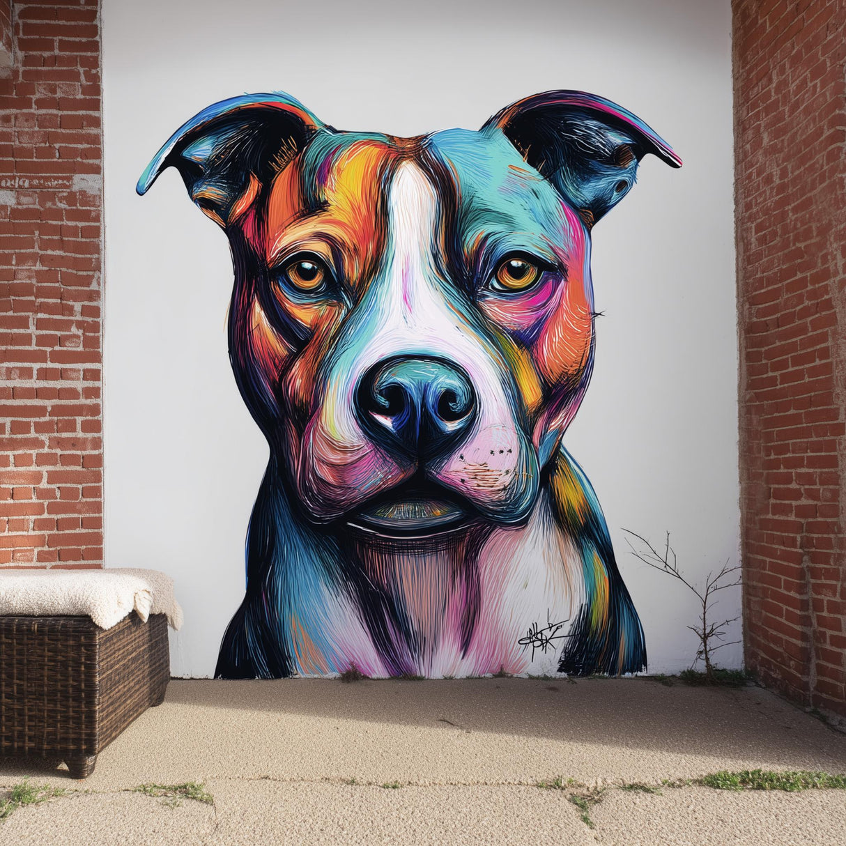 Large, colorful pitbull wall decal in an expressive street-art style, applied to a white outdoor wall between red brick pillars, with detailed linework and vibrant rainbow tones forming a bold dog portrait.