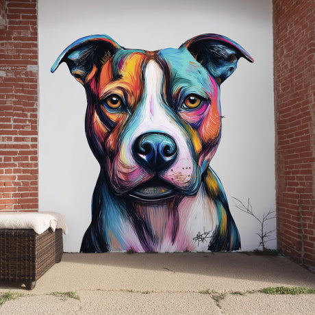 Large, colorful pitbull wall decal in an expressive street-art style, applied to a white outdoor wall between red brick pillars, with detailed linework and vibrant rainbow tones forming a bold dog portrait.