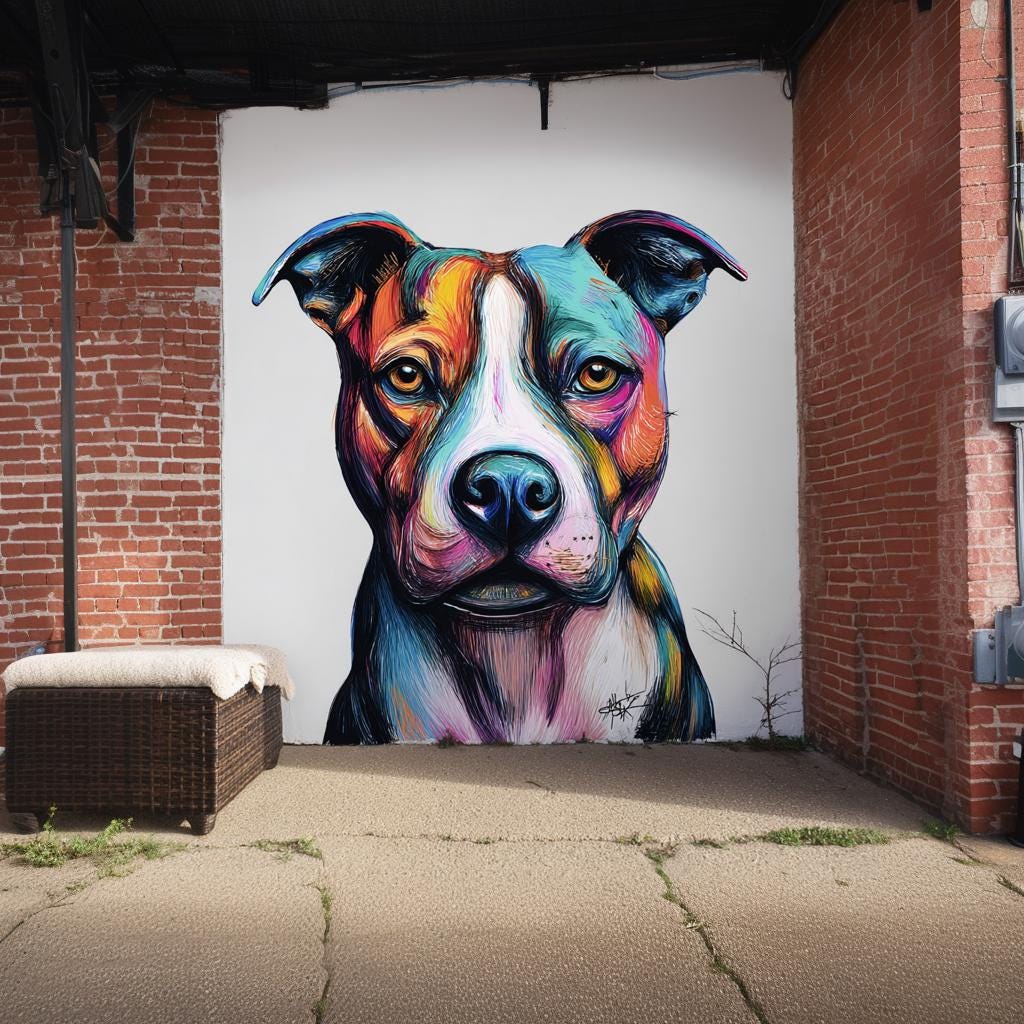 Colorful Pitbull Wall Decal | Large Dog Face Vinyl Sticker | Bold Street Art Style Pet Mural | Outdoor or Indoor Decor | Pit Bull Art Gift