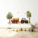 Farm Tractor Wall Decal | Hay Bales Farm Scene Wall Sticker | Nursery Wall Art | Kids Room Farm Decor | Removable Tractor Mural for Boys