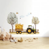 Farm Tractor Wall Decal with Hay Bale Trailer | Nursery Wall Sticker Set with Fence & Trees | Country Farm Scene for Kids Room Décor