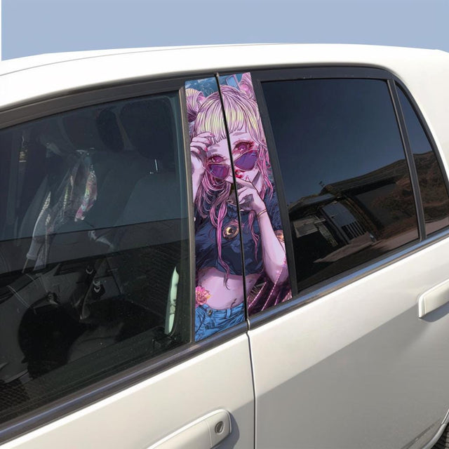 A stylized anime girl B-pillar sticker applied on a car window, featuring a pastel-haired girl with sunglasses in manga art style against a dark reflective glass background.