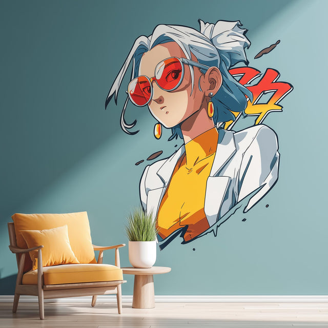 Wall decal of a confident anime-style girl with red sunglasses, earrings, and a white jacket on a teal wall; modern Japanese pop art design with vivid colors and clean lines.