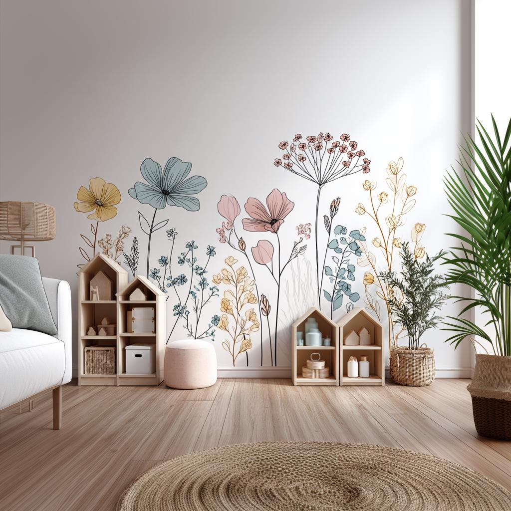 Floral Line Art Wall Decal | Boho Botanical Wall Sticker | Minimalist Flower Mural for Nursery or Kids Room | Large Removable Vinyl Art