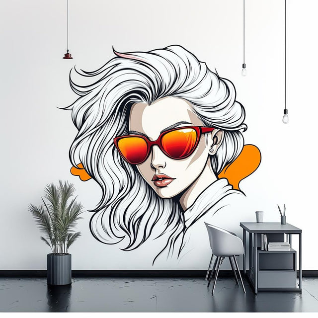 A modern wall decal featuring a stylized woman with white flowing hair and red-orange reflective sunglasses, in a bold comic book design above a monochrome cabinet in a contemporary room.