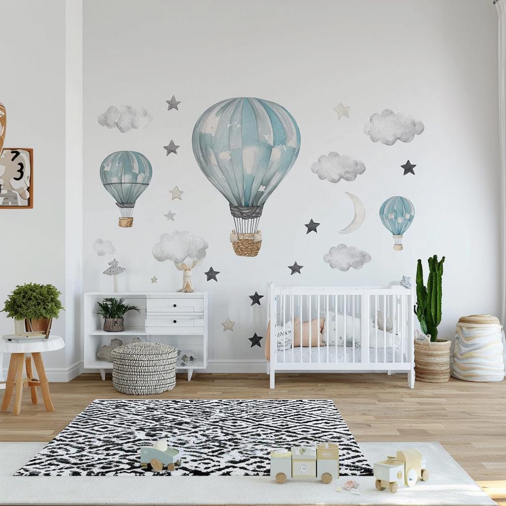 Hot Air Balloon Wall Decals | Nursery Wall Stickers | Dreamy Sky Wall Decor with Stars, Clouds & Moon | Baby Room Vinyl Decal Set