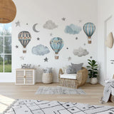 Vintage Hot Air Balloon Wall Decals | Watercolor Cloud & Star Nursery Stickers | Blue Baby Room Decor | Removable Vinyl Wall Art Boys Room