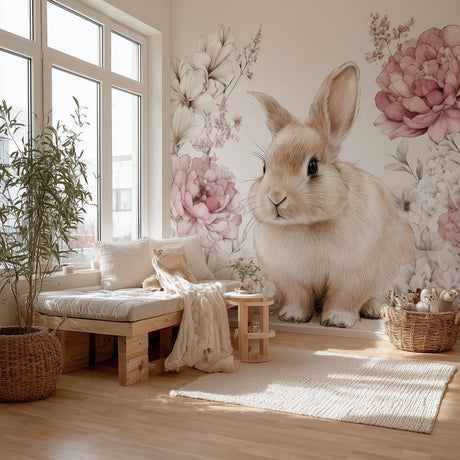 A cozy, sunlit nursery room with a giant wall decal of a fluffy light brown bunny surrounded by watercolor-style pink and white flowers, styled with natural wood furniture and soft boho textiles.