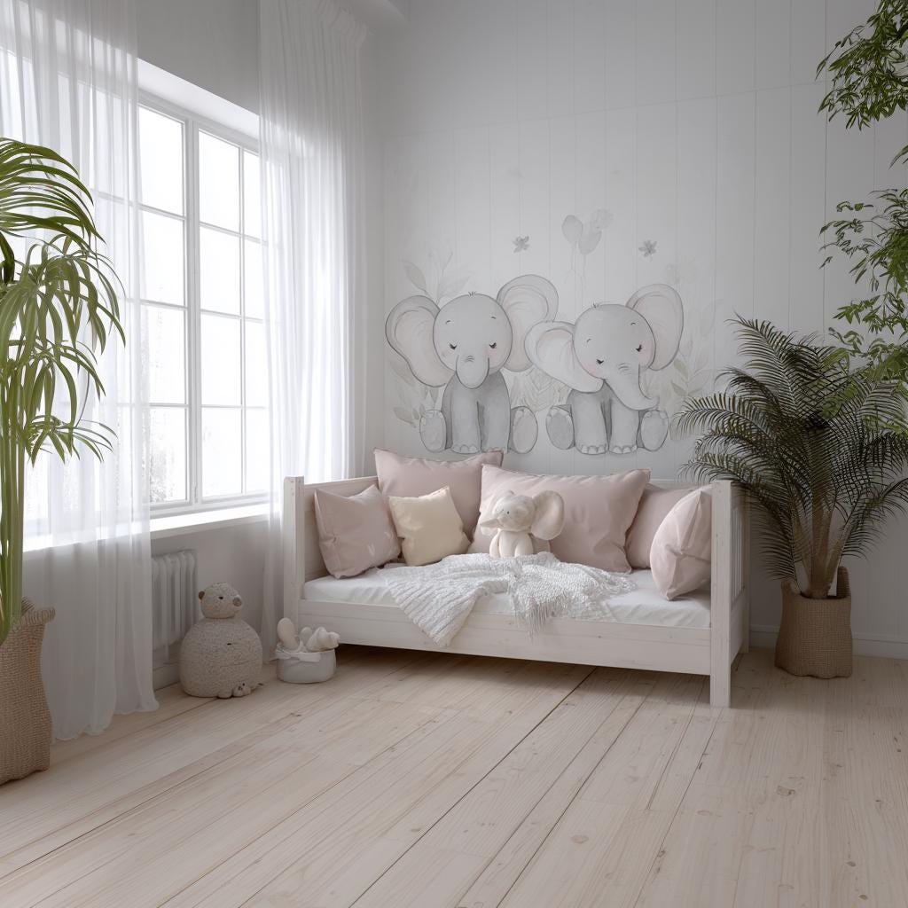 Elephant Wall Decal for Nursery | Cute Baby Elephant Sticker | Soft Grey Animal Mural | Gender Neutral Safari Nursery Decor Vinyl Art