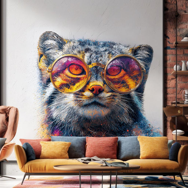 Colorful wall decal of a Pallas’s cat (manul) wearing large sunglasses with orange and purple reflections, printed in vivid detail and applied to a white indoor wall above a modern sofa with colorful cushions.