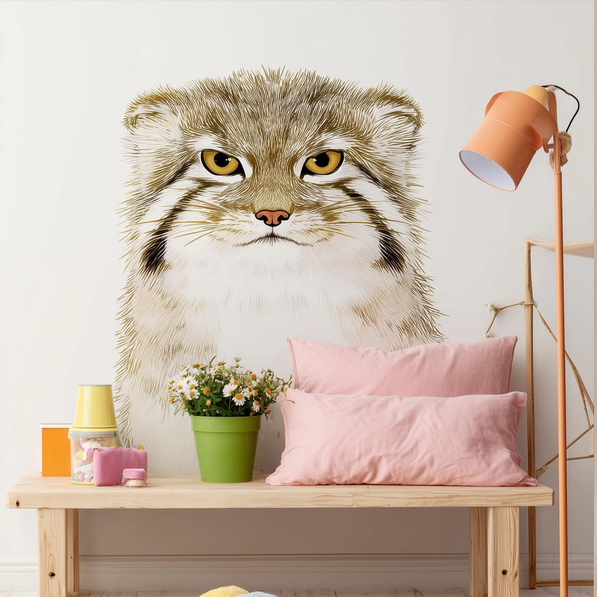 Illustrated vinyl wall decal of a Pallas’s cat (manul) with golden eyes and soft fur details, applied above a wooden bench with pink pillows in a cozy children’s room.