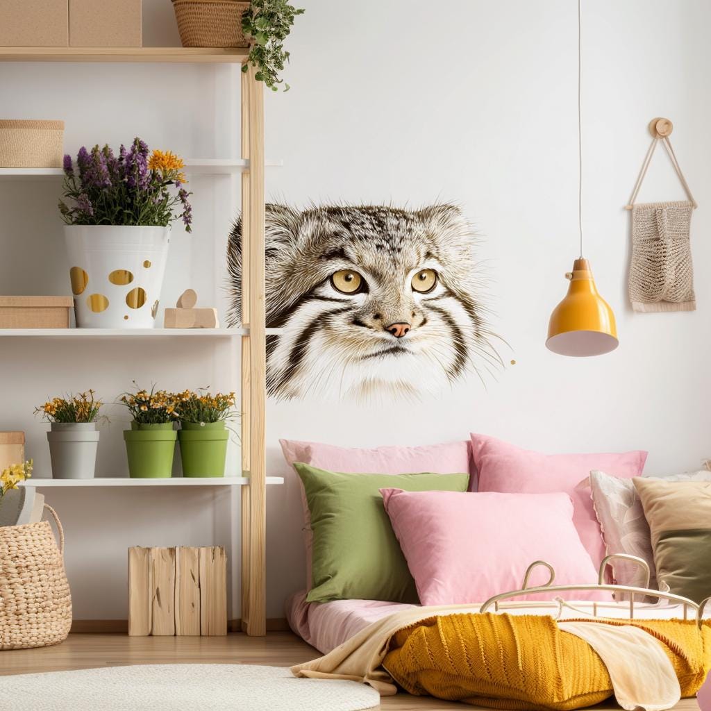 Pallas Cat Wall Decal | Manul Face Vinyl Sticker | Realistic Animal Wall Art | Soft Wildlife Decor for Kids Room | Cute Wild Cat Wall Mural