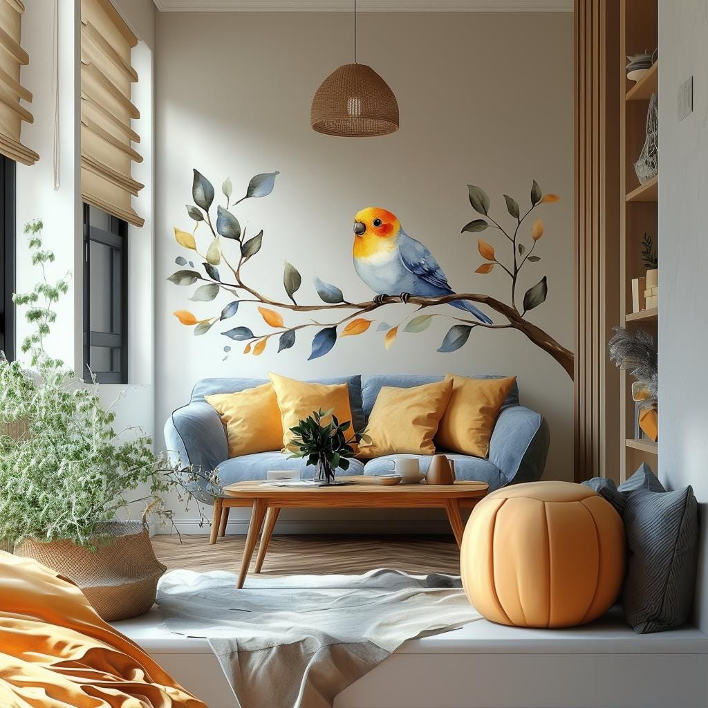 Bird on Branch Wall Decal | Watercolor Style Vinyl Sticker | Nature Inspired Wall Art | Colorful Bird Mural Living Room Botanical Wall Decor