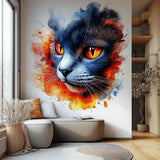 Colorful wall decal of a cat face with vivid orange, red, and blue watercolor splashes, applied above a neutral bench in a bright modern room with natural wood accents.