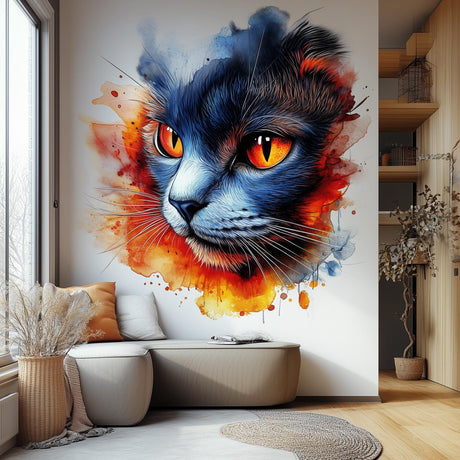 Colorful wall decal of a cat face with vivid orange, red, and blue watercolor splashes, applied above a neutral bench in a bright modern room with natural wood accents.