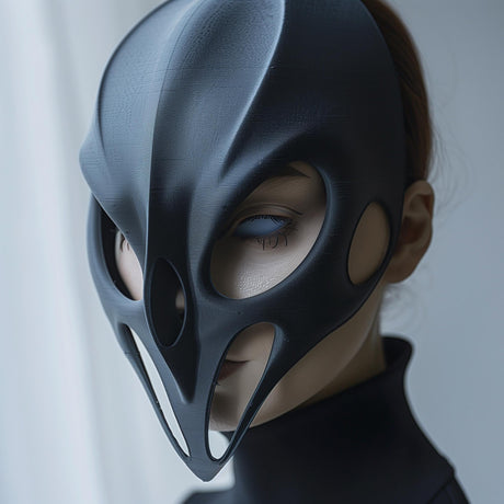 3D printed futuristic mask with gothic sculptural shape, worn by an adult model indoors, modern sci-fi cosplay and costume accessory