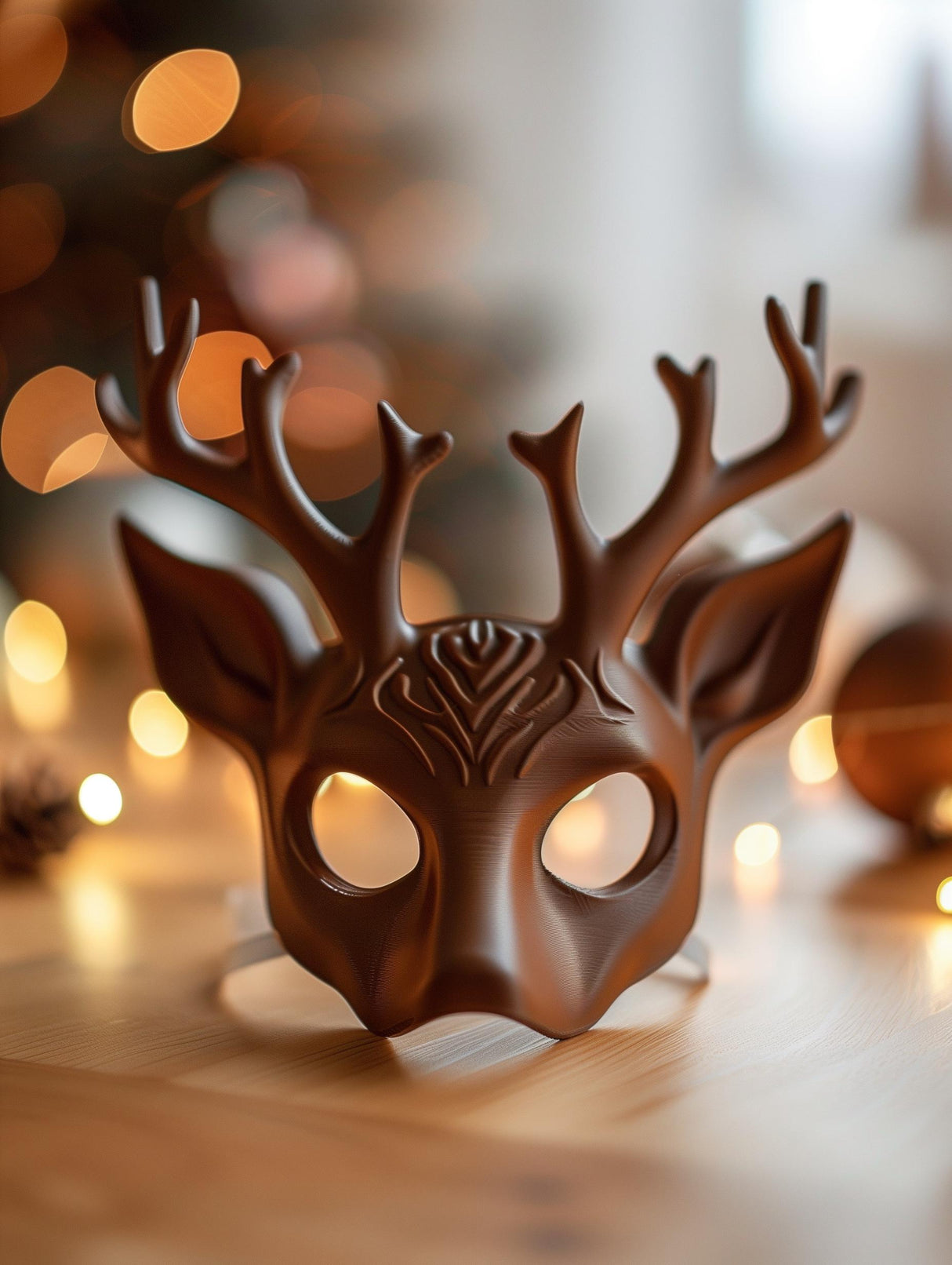 3D printed deer mask with stylized antlers placed on a wooden table near a Christmas tree and golden ornaments, modern festive cosplay and holiday decor accessory