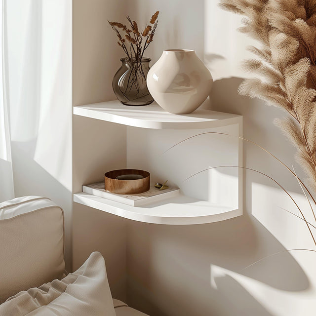 3D printed corner wall shelf in matte white PLA, mounted above a sofa with natural light and dried flowers, minimalist modern home decor accessory