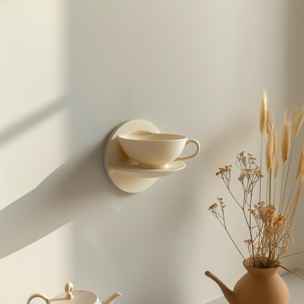 3D Printed Teacup Wall Shelf | Unique Floating Shelf Design | Modern Kitchen and Cafe Decor | Minimalist Contemporary Wall Accent