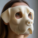 3D printed bulldog-inspired face mask with smooth minimal design, worn by an adult model indoors, matte PLA plastic cosplay and costume accessory