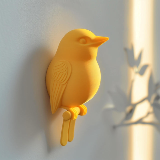 3D printed wall decor shaped like a bird, minimalist modern nature-inspired design made from matte PLA plastic, displayed as wall art decor