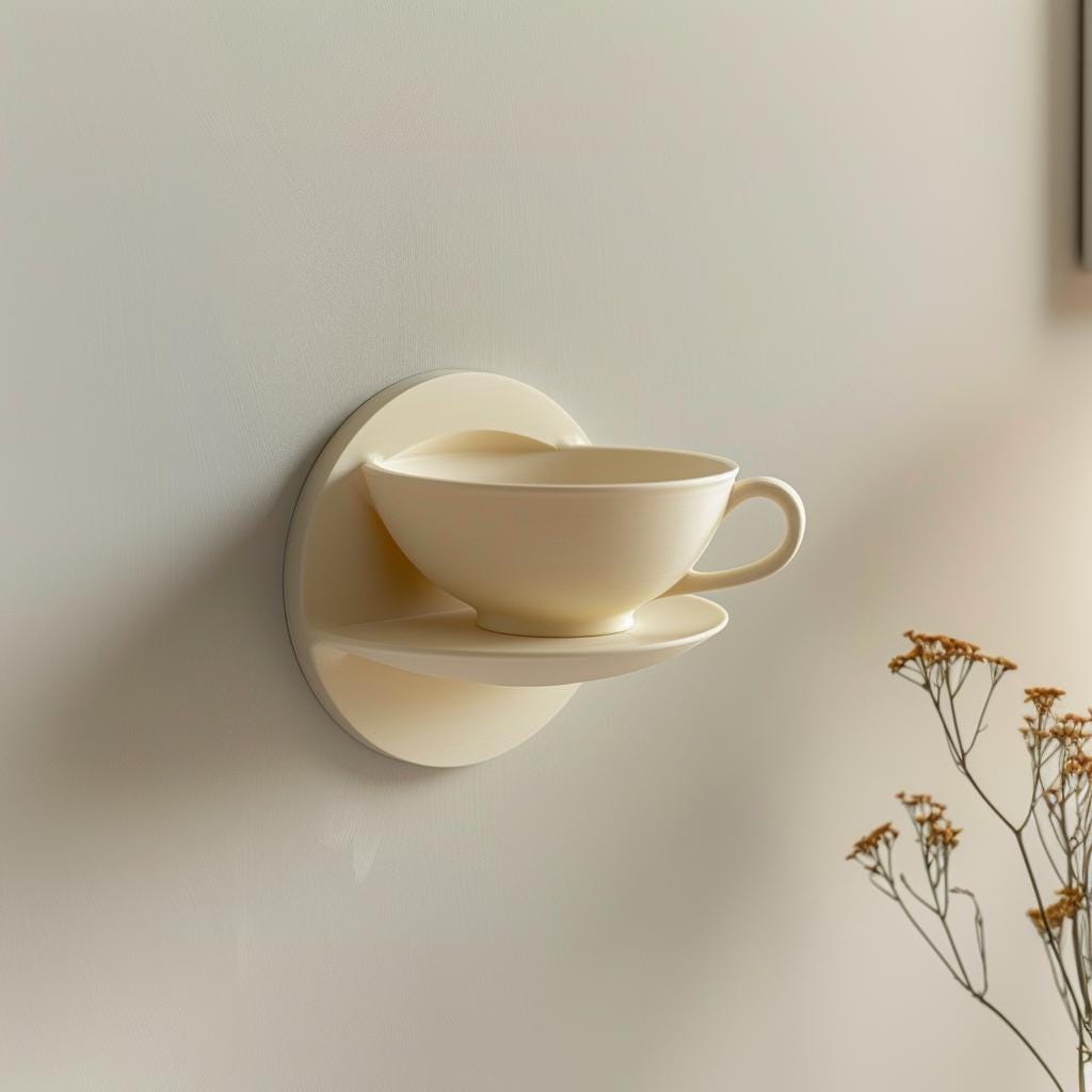 3D Printed Teacup Wall Shelf | Unique Floating Shelf Design | Modern Kitchen and Cafe Decor | Minimalist Contemporary Wall Accent