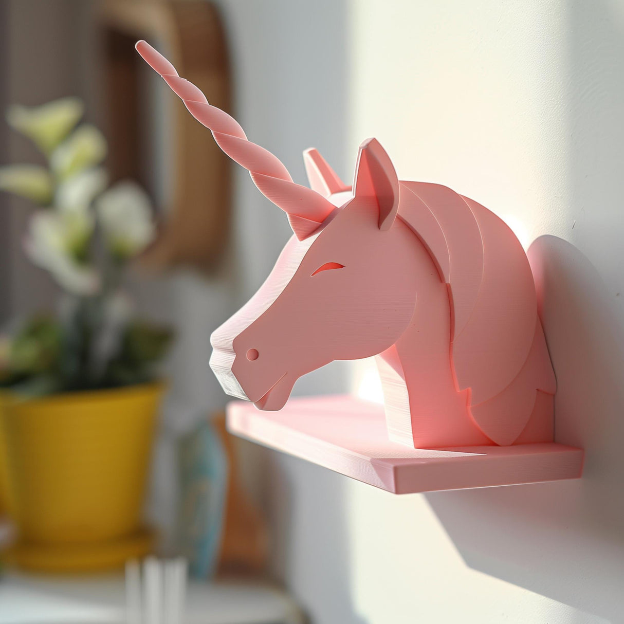 3D printed wall shelf shaped like a minimalist pastel unicorn head with a twisted horn, matte PLA surface, used as a small floating ledge in a bright room.