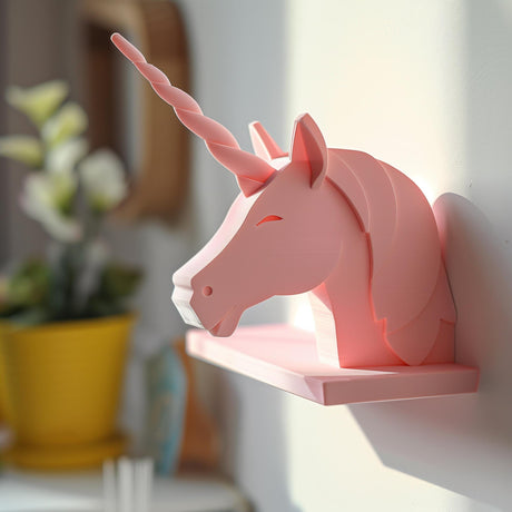 3D printed wall shelf shaped like a minimalist pastel unicorn head with a twisted horn, matte PLA surface, used as a small floating ledge in a bright room.
