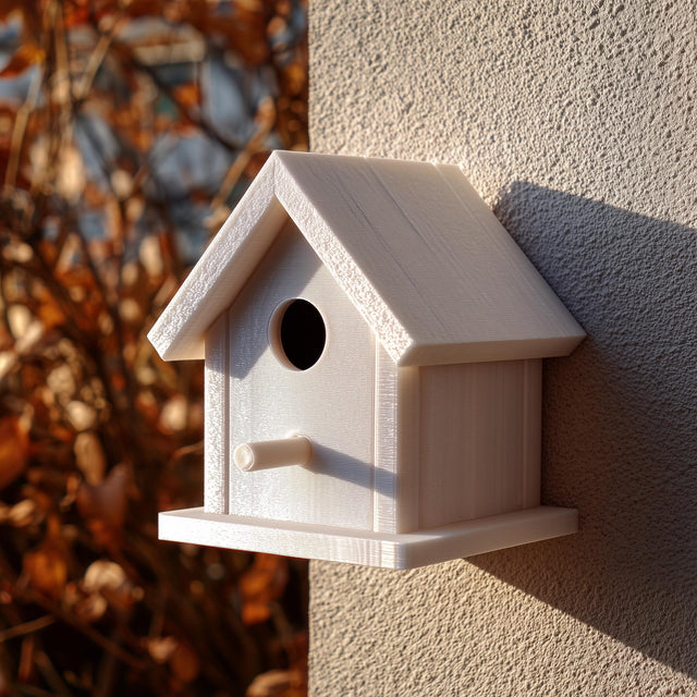 Light-colored 3D printed birdhouse with perch and removable roof made from matte PLA plastic, mounted on an exterior wall in soft natural sunlight.