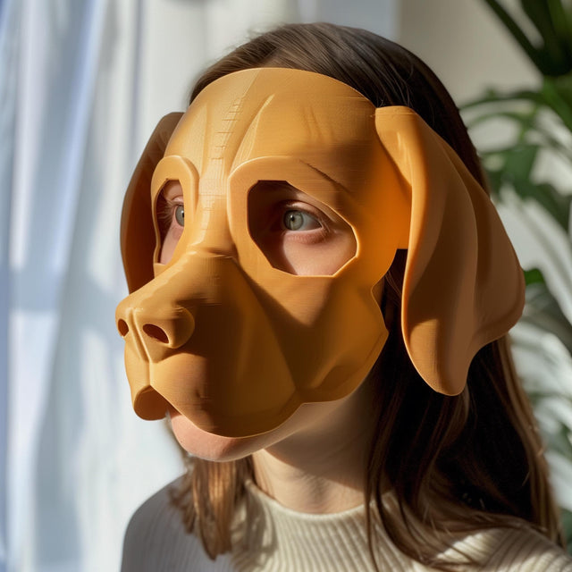 3D printed Beagle-inspired dog mask with soft minimal shape, worn by an adult model indoors, matte PLA plastic cosplay and costume accessory