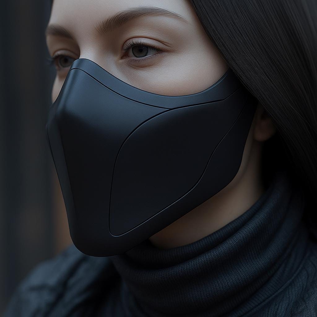 Close-up of a woman wearing a matte black 3D printed half-face mask with sleek curved lines, styled with a dark turtleneck against a soft background.