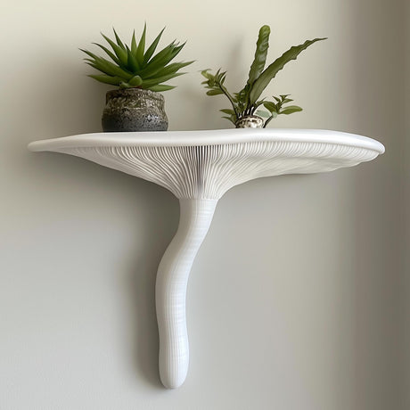 &quot;White 3D printed wall shelf in the shape of an Artist’s Conk mushroom, styled with potted plants and mounted on a light wall.&quot;