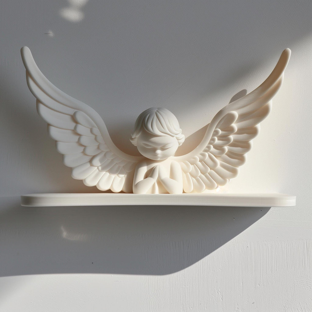 3D printed wall shelf with a minimalist praying angel figure and wide wings, matte white PLA, used as a small floating ledge on a light wall.
