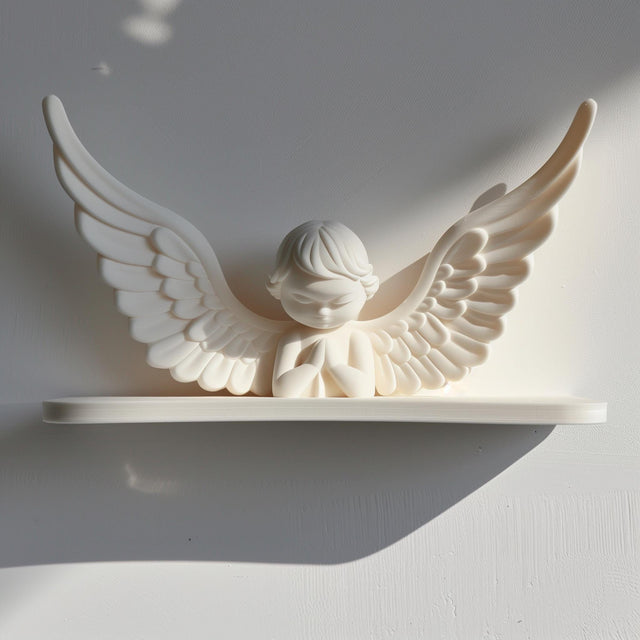 3D printed wall shelf with a minimalist praying angel figure and wide wings, matte white PLA, used as a small floating ledge on a light wall.