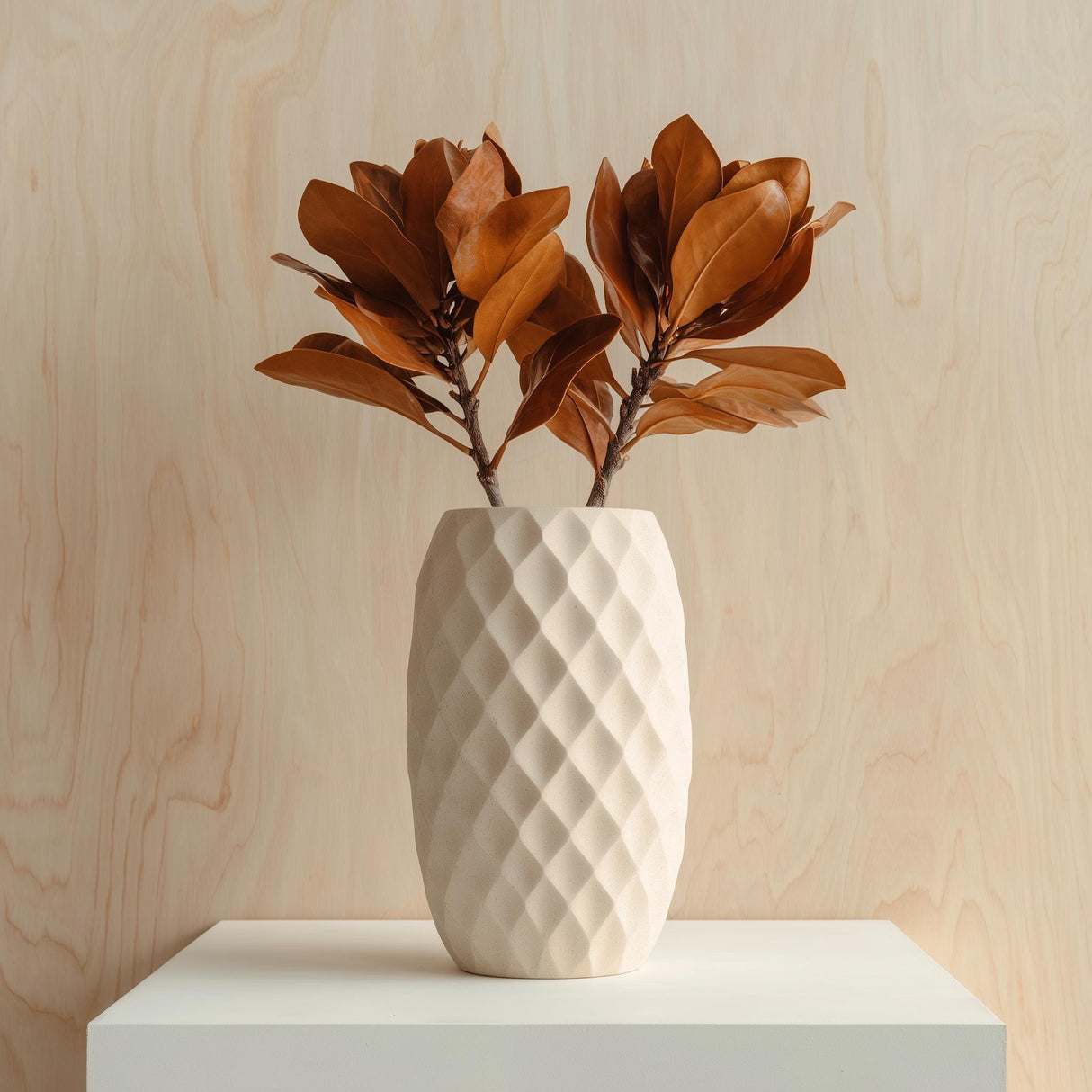Cream-colored 3D printed vase with a diamond-patterned geometric texture, shown with brown dried leaves for illustration; flowers are not included.