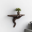 A brown 3D printed wall shelf shaped like a twisted tree root, mounted on a white wall with a small potted plant on top, blending rustic and modern styles.