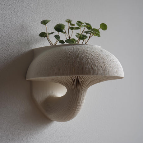 3D printed wall-mounted mushroom planter shelf in matte light PLA with finely ribbed cap and gills, holding a small plant on top against a neutral wall.