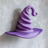 3D printed wall shelf shaped like a twisted purple wizard hat, matte PLA texture, mounted on a light textured wall and used as a small floating shelf.